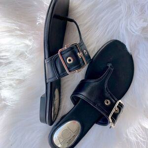 AGL black leather thongs slippers with light gold tone adjustable buckle